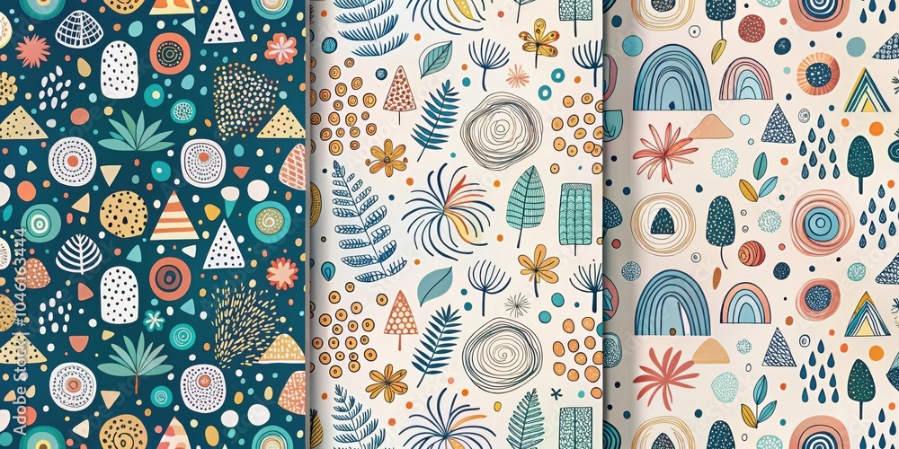 A collection of seamless patterns featuring abstract shapes, geometric designs, and floral motifs in a vibrant and playful palette. A collection of seamless patterns featuring abstract shapes, geometric designs, and floral motifs in a vibrant and playful palette.