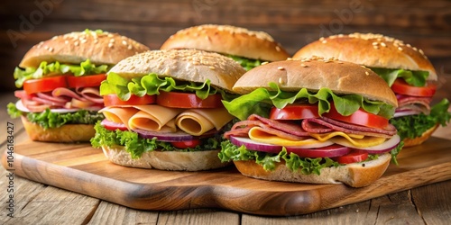 A close-up view of four delicious sandwiches on a wooden cutting board, featuring fresh ingredients like lettuce, tomatoes, cheese, and meats, showcasing a perfect lunch or dinner option. photo