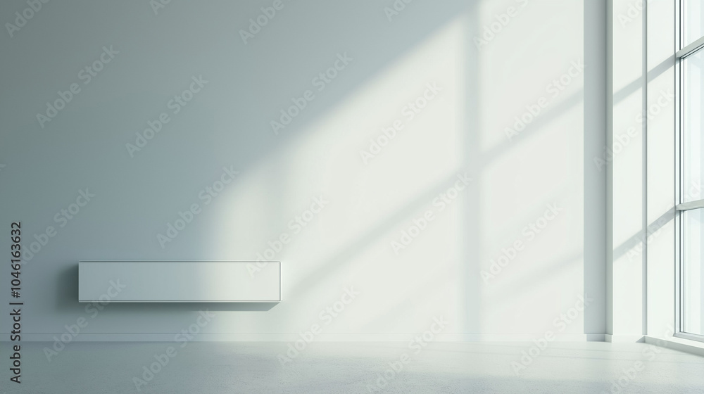 Energy-efficient heating concept,room with a large window allowing sunlight to stream through room,illuminating walls and casting shadows. A white radiator is mounted to wall,copy space Energy-efficient heating concept,room with a large window allowing sunlight to stream through room,illuminating walls and casting shadows. A white radiator is mounted to wall,copy space