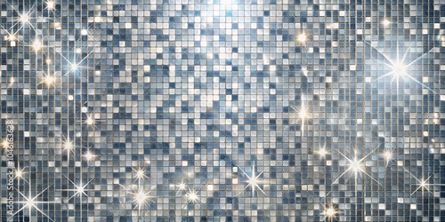 A silver mosaic wall shimmering with glittering stars, reflecting light and creating a mesmerizing texture