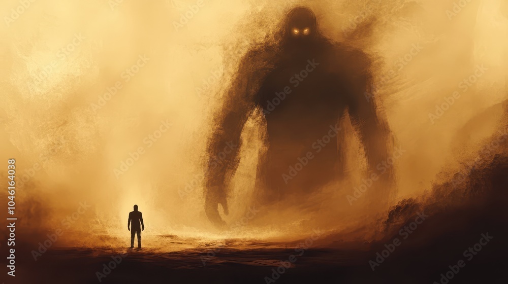 Fototapeta premium A Silhouetted Figure Faces a Large, Glowing-Eyed, Shadowy Figure in a Misty Landscape