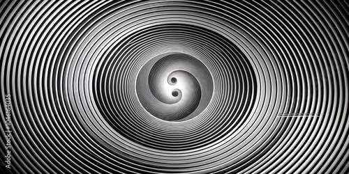 A Monochromatic Abstract Pattern of Concentric Circles Creating a Yin Yang Symbol at the Center of a Geometric Spiral