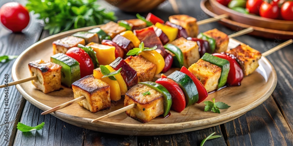 Grilled Tofu Skewers with Colorful Bell Peppers and Zucchini on Wooden Plate Grilled Tofu Skewers with Colorful Bell Peppers and Zucchini on Wooden Plate