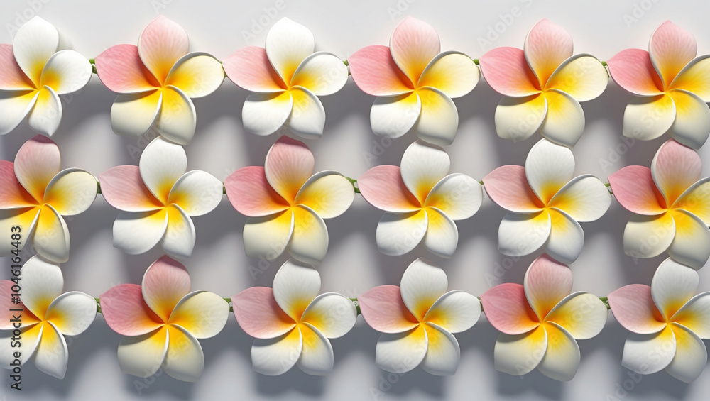 A beautiful cluster of white and pink plumeria flowers with yellow centers, creating a serene and tropical ambiance, perfect for conveying elegance and nature’s beauty. A beautiful cluster of white and pink plumeria flowers with yellow centers, creating a serene and tropical ambiance, perfect for conveying elegance and nature’s beauty.