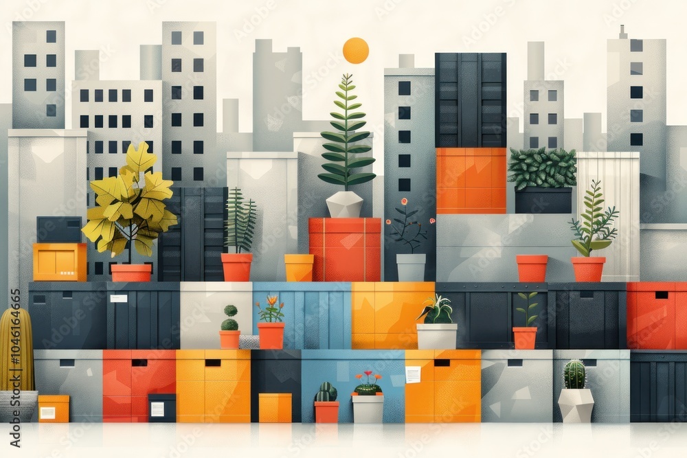 A city skyline with potted plants on a stacked platform of boxes in a minimalist style. A city skyline with potted plants on a stacked platform of boxes in a minimalist style.