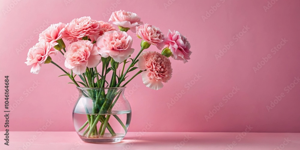 A bouquet of delicate pink carnations arranged in a clear glass vase, positioned against a soft pink backdrop. A bouquet of delicate pink carnations arranged in a clear glass vase, positioned against a soft pink backdrop.