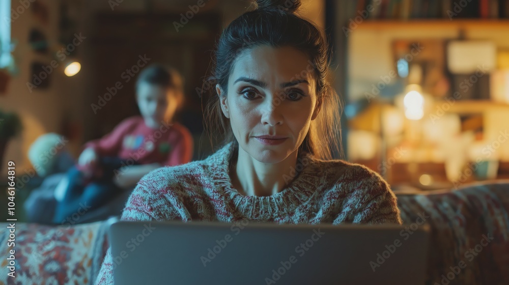 Professional photo of a woman sitting on the sofa of her home with in front of a laptop while working from home Professional photo of a woman sitting on the sofa of her home with in front of a laptop while working from home