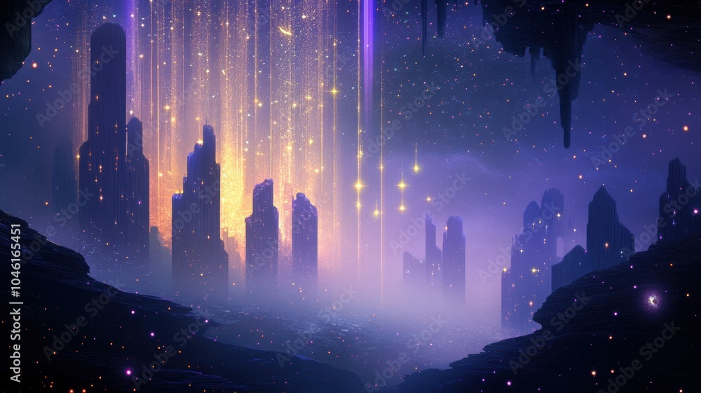 Fototapeta premium A City of Towers Under a Starry Sky with Golden Lights Raining Down