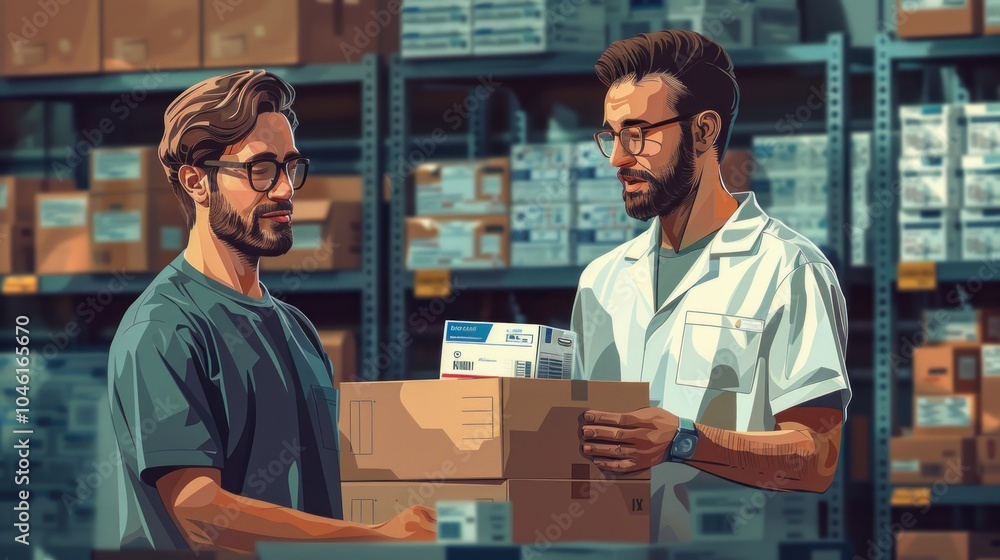 Two men, one in a white coat and one in a casual shirt, are in a warehouse with shelves full of boxes. The man in the white coat is holding a box. Two men, one in a white coat and one in a casual shirt, are in a warehouse with shelves full of boxes. The man in the white coat is holding a box.