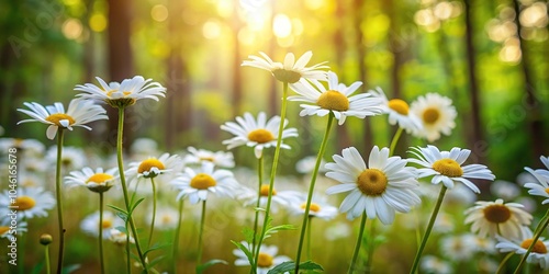 White chamomile flowers in a forest clearing