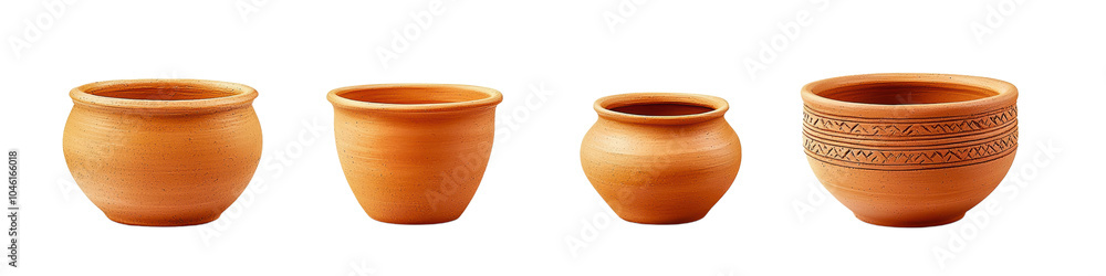 Set of decorative clay pots in various shapes, isolated on a white background. transparent background Set of decorative clay pots in various shapes, isolated on a white background. transparent background