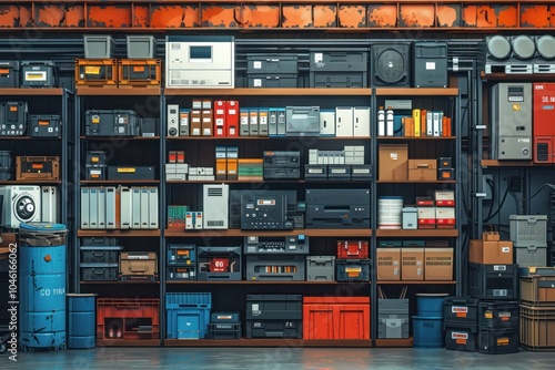 A wall of shelves filled with old electronics, boxes, and tools in an industrial setting. photo