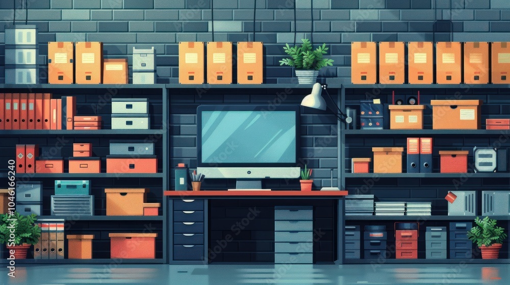 A minimalist workspace with a computer monitor, desk, shelves, and plants in a brick wall room. A minimalist workspace with a computer monitor, desk, shelves, and plants in a brick wall room.