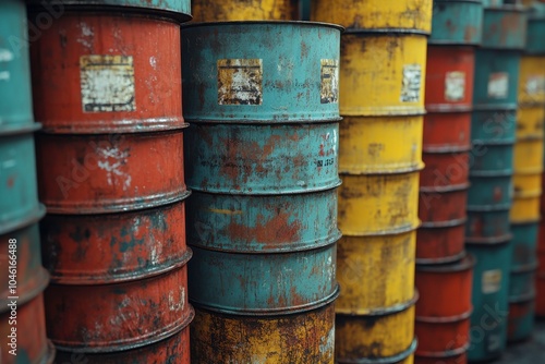 Industrial Stacked Metal Barrels in Varied Tones and Textures