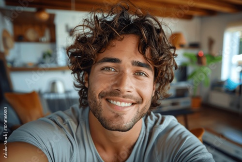 Happy Young Man Smiling and Taking a Selfie in a Modern Living Room