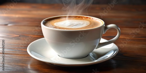 A steaming cup of cappuccino with a creamy, swirl design rests on a white saucer on a wooden table.