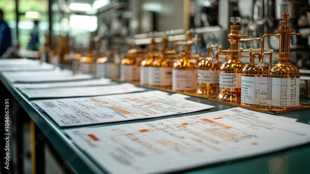 Laboratory setup with glass containers and scientific documents.