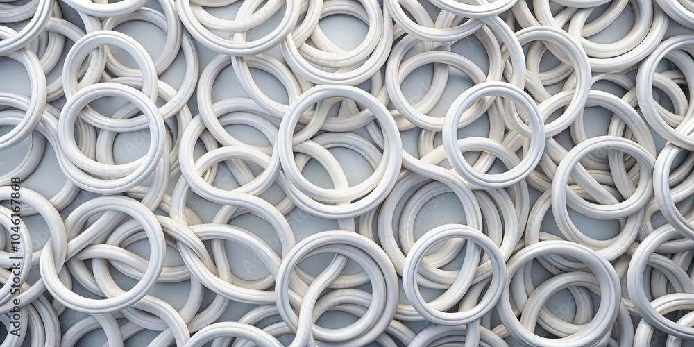 A chaotic arrangement of white rings, intertwining and overlapping, creating a mesmerizing and abstract pattern. A chaotic arrangement of white rings, intertwining and overlapping, creating a mesmerizing and abstract pattern.
