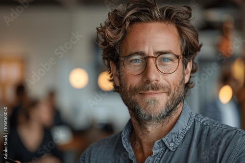 Smiling Businessman with Mobile Phone in Modern Office