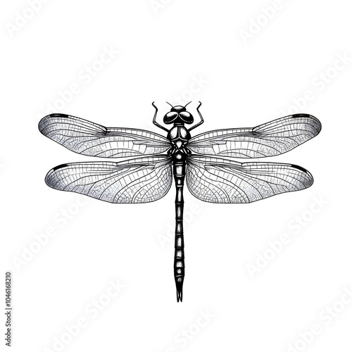 line drawing of an adult dragonfly, in black ink on a white background