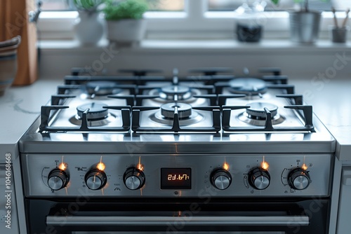 Modern gas stove with stainless steel cooktop, top view