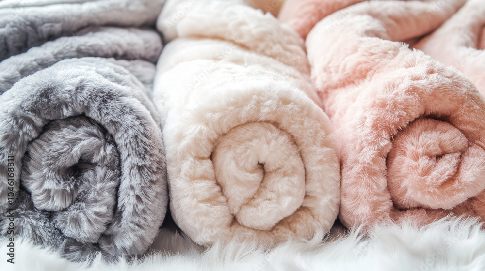 Fuzzy blankets concept,Three plush blankets in gray,cream,and blush are rolled and displayed together,showcasing their softness and inviting warmth for any living space Fuzzy blankets concept,Three plush blankets in gray,cream,and blush are rolled and displayed together,showcasing their softness and inviting warmth for any living space