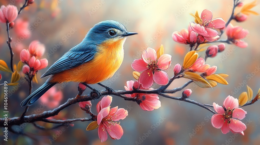 A vibrant blue and orange bird perched on a flowering branch. A vibrant blue and orange bird perched on a flowering branch.