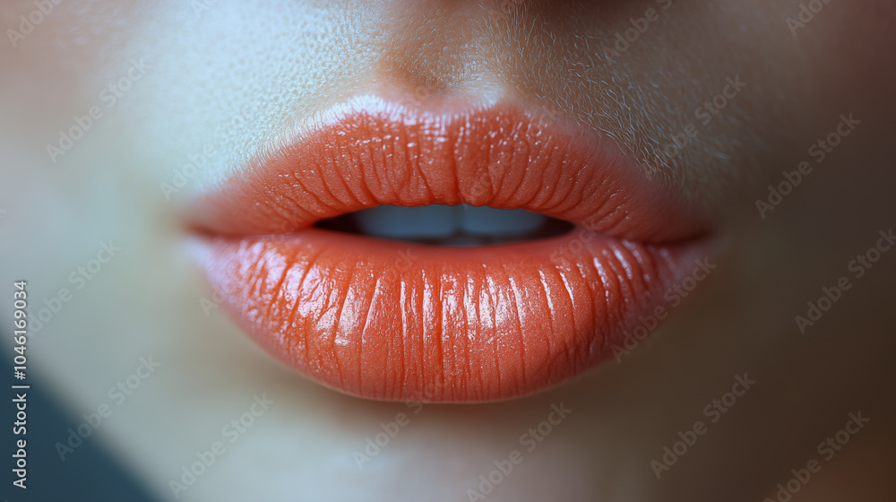 Fototapeta premium Close-up of glossy coral lips with natural makeup on light skin