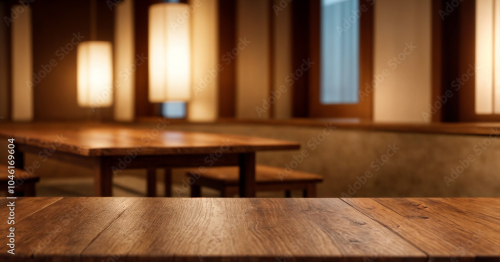 Empty wooden table blurred background interior japanese restaurant Empty wooden table blurred background interior japanese restaurant