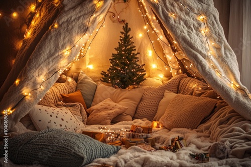 A cozy blanket fort adorned with fairy lights, with pillows and blankets creating a snug retreat. A small tree sits inside, adding a touch of Christmas magic to the space.