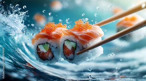 Fototapeta Naklejka Na Ścianę i Meble -  Sushi Rolls Suspended in Air with Chopsticks and Water Splashes