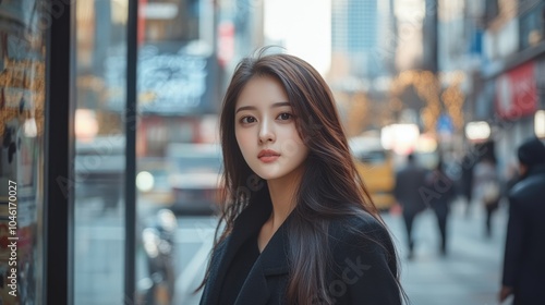 Beautiful young model looking Asian woman in black clothes in the street of a big city. Urban luxury fashion concept