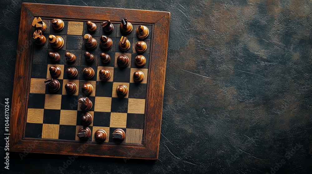 Top view of a wooden chessboard with pieces arranged, dark textured background. Top view of a wooden chessboard with pieces arranged, dark textured background.