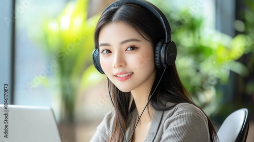 Portrait of beautiful young Asian woman looking into camera. Call center agent with headset working on support hotline in modern office photo