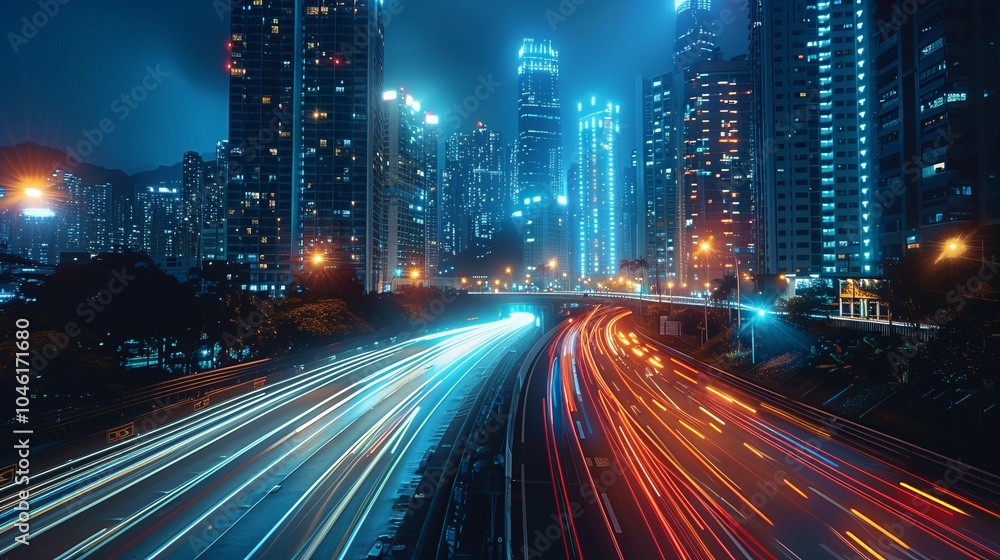A city street with a lot of traffic and lights A city street with a lot of traffic and lights