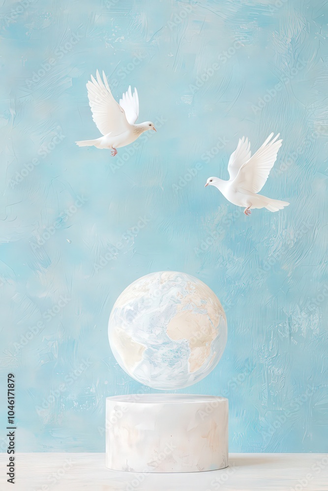 Fototapeta premium Peaceful Doves Flying Around Globe