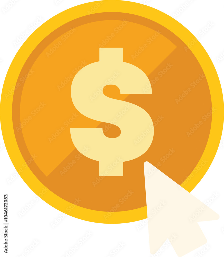 Mouse cursor is clicking on a gold coin with a dollar sign, representing the concept of pay per click Mouse cursor is clicking on a gold coin with a dollar sign, representing the concept of pay per click