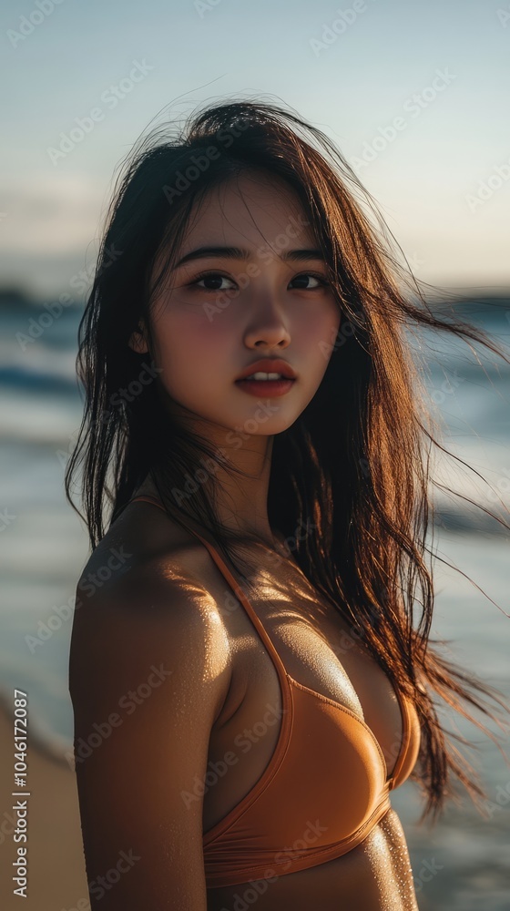 Portrait of a beautiful young Asian woman on the tropical ocean beach on sunny day. Happy female tourist at the seaside on summer vacation Portrait of a beautiful young Asian woman on the tropical ocean beach on sunny day. Happy female tourist at the seaside on summer vacation