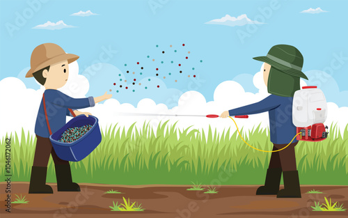 vector illustration cartoon farmer fertilizing chemical injections to vegetable crops