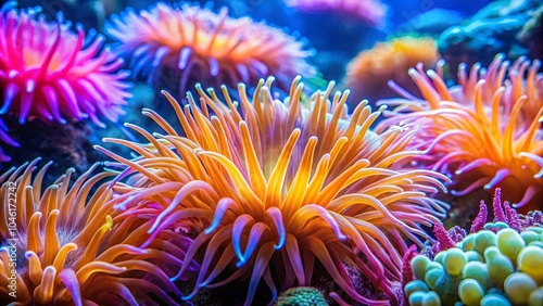 A symphony of vibrant hues in the coral reef, with intricate textures and delicate tentacles dancing in the underwater current.