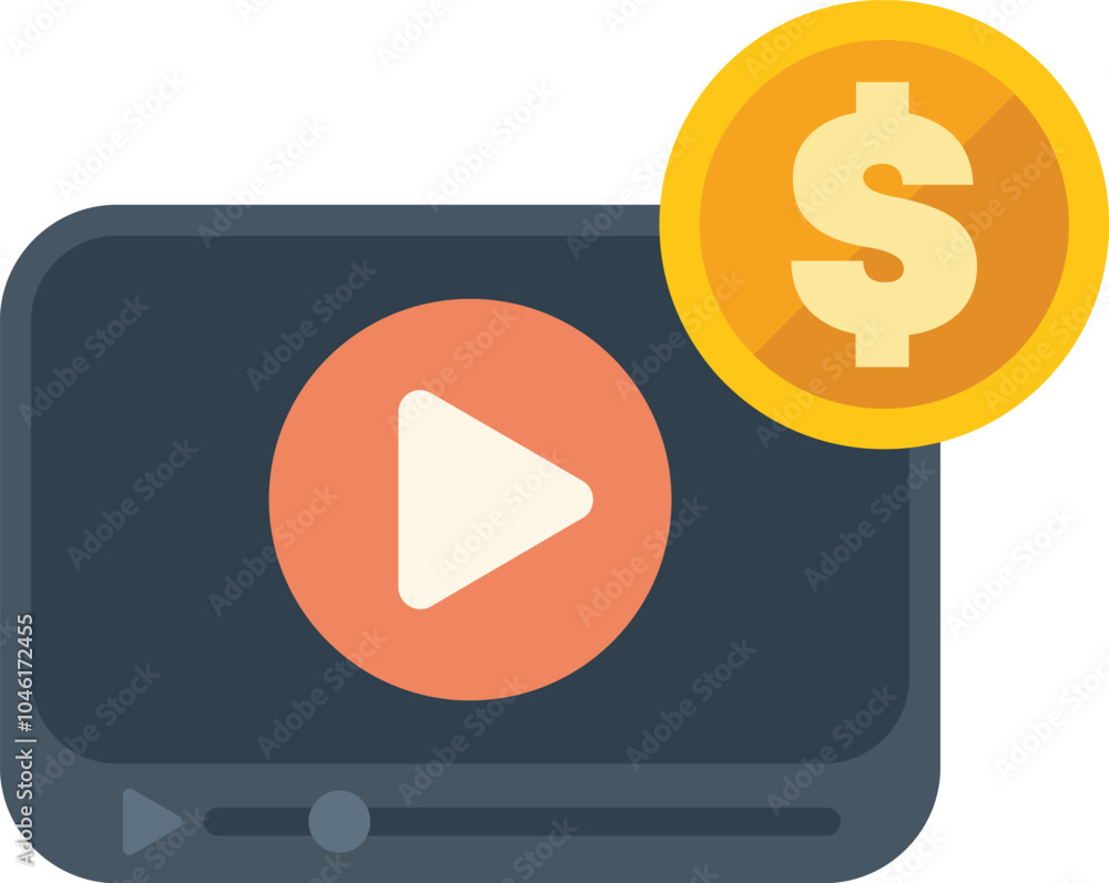 Video player displaying a golden coin with dollar sign representing paid online content, subscription service or paid marketing campaign Video player displaying a golden coin with dollar sign representing paid online content, subscription service or paid marketing campaign