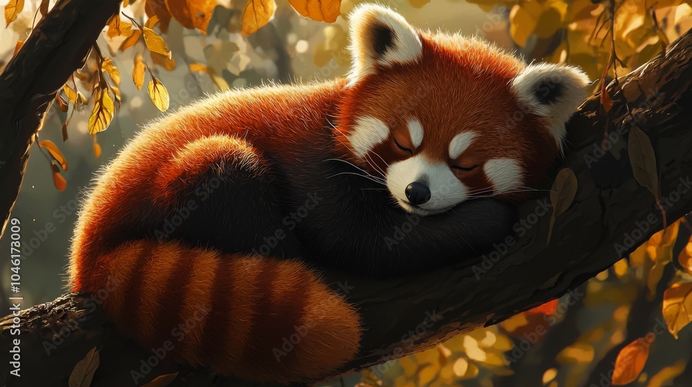 Fototapeta premium Curled Up Red Panda - Red panda napping on a tree branch