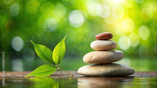 A Stack of Smooth Stones Resting on a Wooden Surface With a Single Green Leaf in the Foreground, Against a Softly Blurred Background of Lush Green Foliage and Sunlit Bokeh