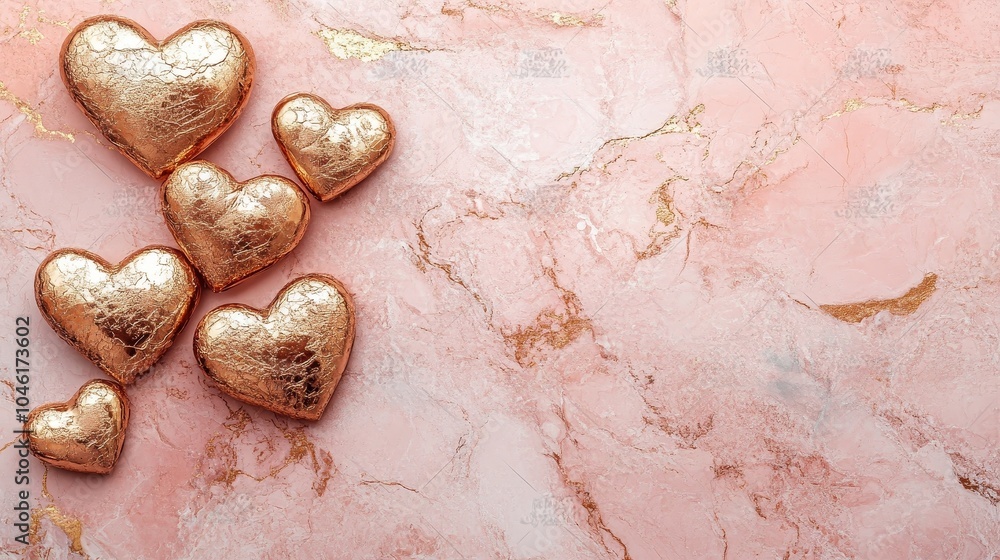 Obraz premium Exquisite rose gold heart-shaped patterns scattered on a soft pink marble textured background create an elegant and romantic atmosphere, perfect for themes such as love, weddings, or celebrations.