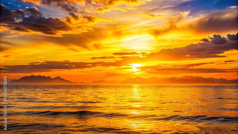 Golden Hues Paint the Coastal Horizon, A Tapestry of Clouds and Distant Peaks Reflecting the Sun's Farewell Golden Hues Paint the Coastal Horizon, A Tapestry of Clouds and Distant Peaks Reflecting the Sun's Farewell