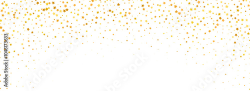 Falling down golden star confetti background. Splattered gold dotted glitter pattern. Yellow, orange, golden dot wallpaper. Christmas, New Year or birthday celebration party backdrop. Vector