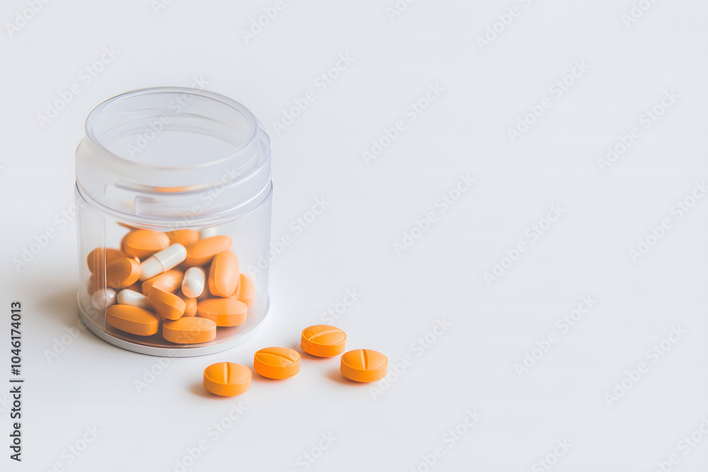 A prescription pill bottle with its cap off, showcasing a few pills on a white background. Clean and simple design for pharmaceutical or health topics. A prescription pill bottle with its cap off, showcasing a few pills on a white background. Clean and simple design for pharmaceutical or health topics.