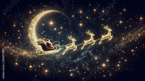 A magical Christmas night sky scene where Santa Claus is flying across the stars in his sleigh, pulled by reindeer. The sleigh and reindeer are depicted as glittering golden outlines made of stardust,