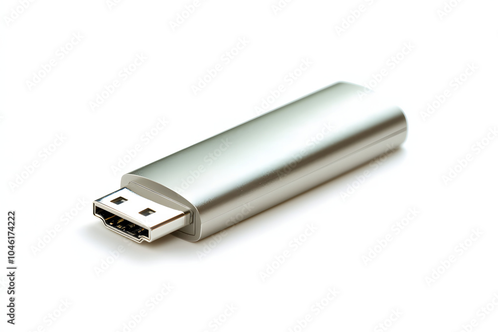 A modern USB flash drive placed on a white background. Simple and clean with space for text, perfect for tech-related content A modern USB flash drive placed on a white background. Simple and clean with space for text, perfect for tech-related content