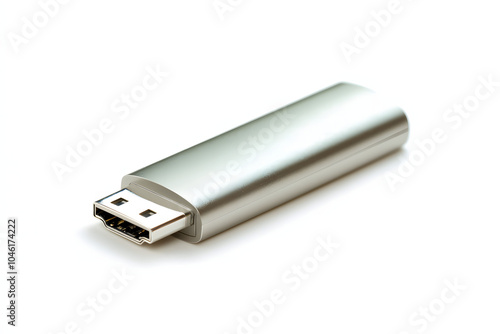 A modern USB flash drive placed on a white background. Simple and clean with space for text, perfect for tech-related content